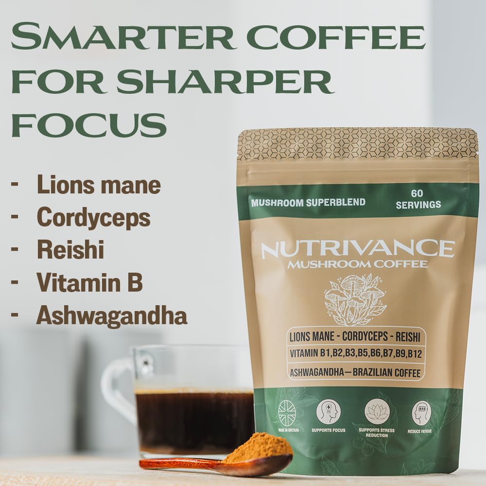 Nutrivance Muushroom Coffee 1200mg of lions Mane Corydceps Reishi Ashwagandha B vitamins Premium Arabica Brazilian Coffee