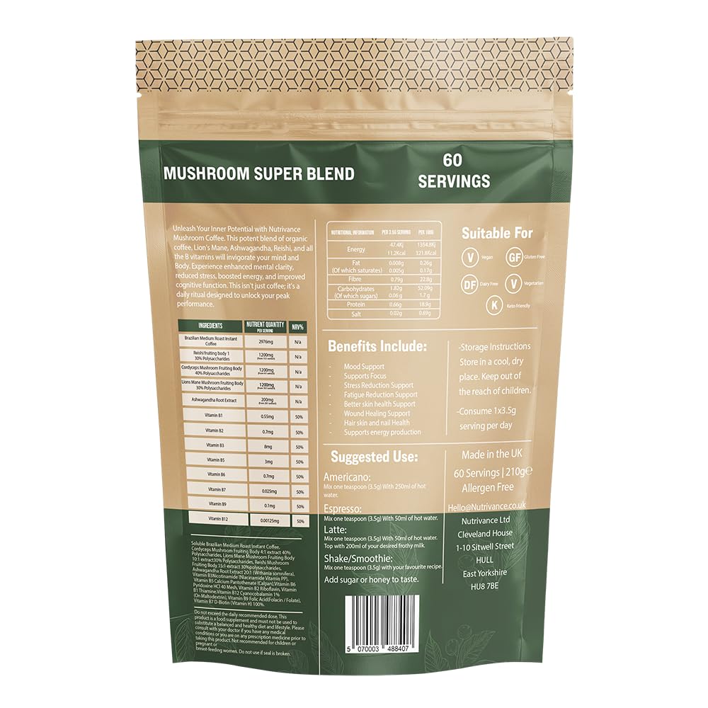 Nutrivance Muushroom Coffee 1200mg of lions Mane Corydceps Reishi Ashwagandha B vitamins Premium Arabica Brazilian Coffee