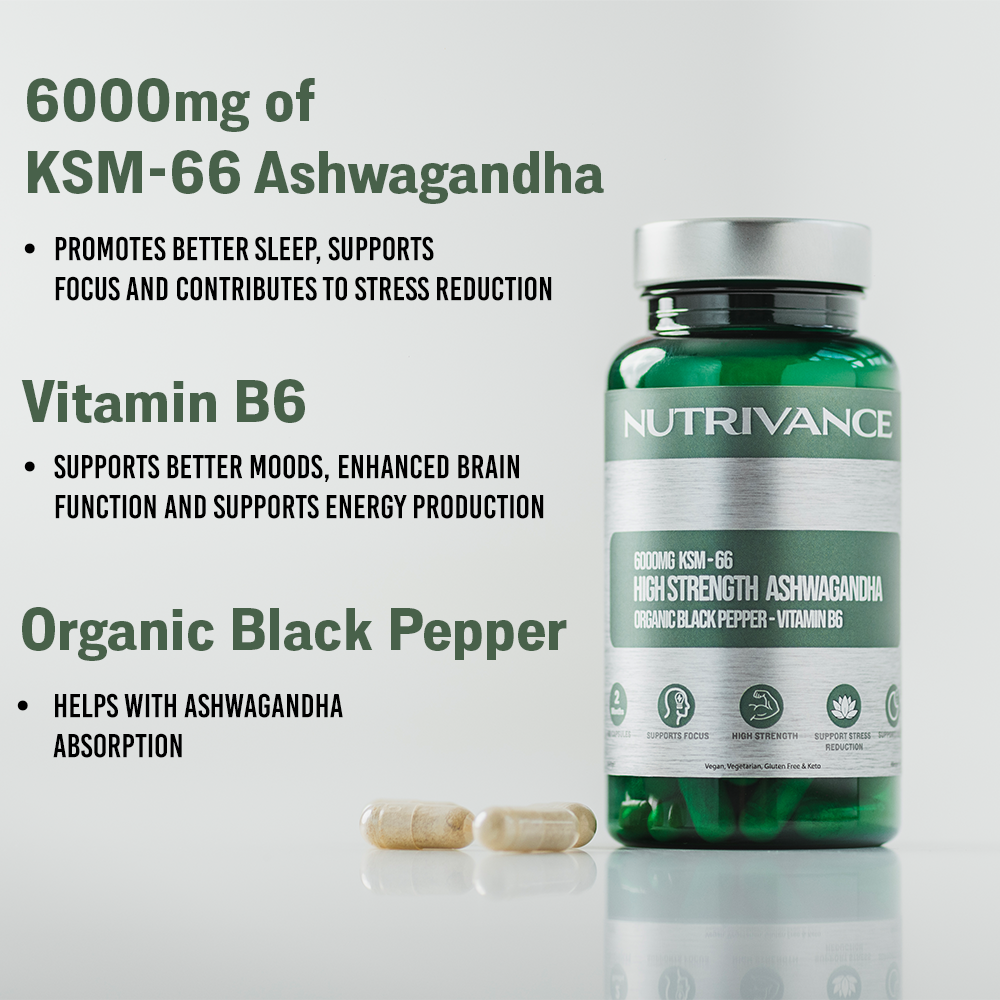 Nutrivance High Strength Ashwagandha 6000mg KSM 66 with Black Pepper and Vitamin B6