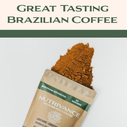 Nutrivance Muushroom Coffee 1200mg of lions Mane Corydceps Reishi Ashwagandha B vitamins Premium Arabica Brazilian Coffee