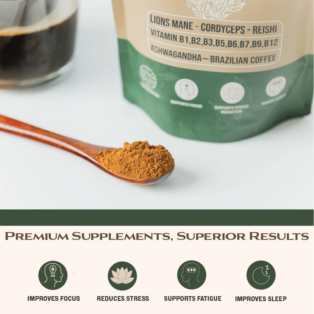 Nutrivance Muushroom Coffee 1200mg of lions Mane Corydceps Reishi Ashwagandha B vitamins Premium Arabica Brazilian Coffee