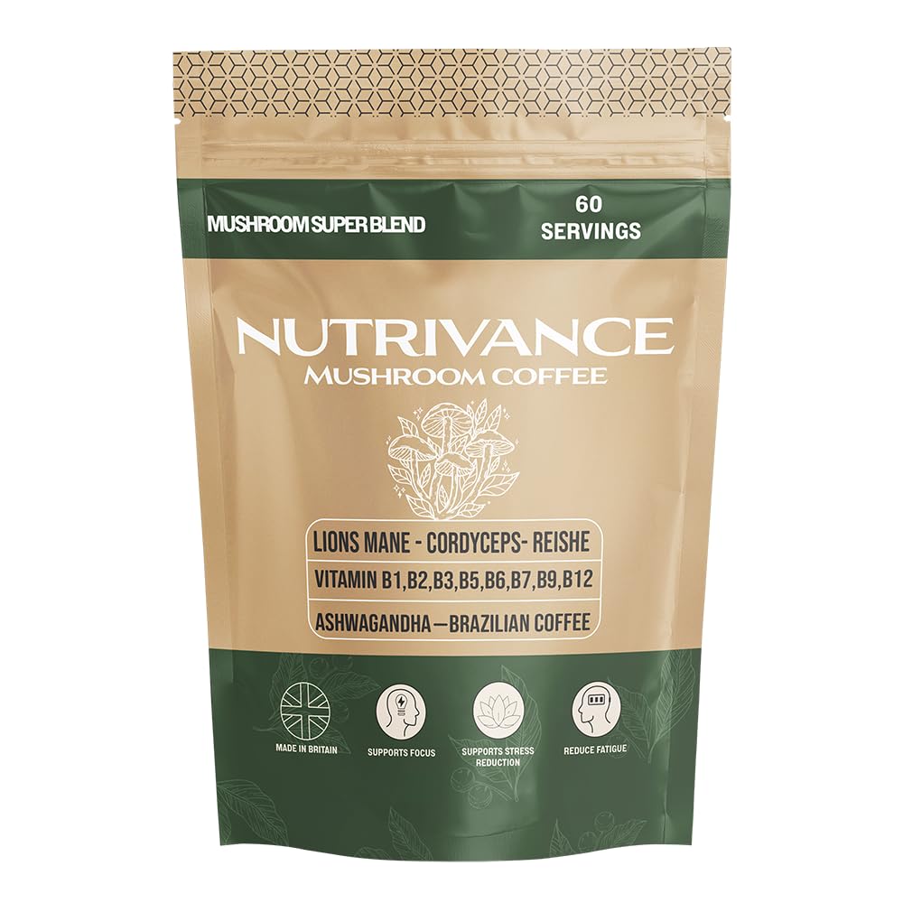 Nutrivance Muushroom Coffee 1200mg of lions Mane Corydceps Reishi Ashwagandha B vitamins Premium Arabica Brazilian Coffee