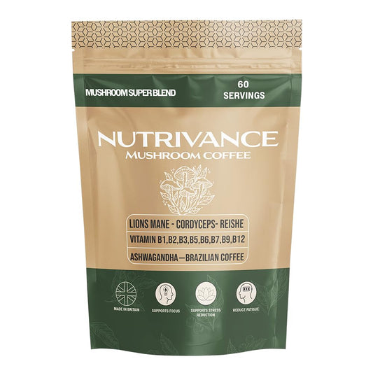 Nutrivance Muushroom Coffee 1200mg of lions Mane Corydceps Reishi Ashwagandha B vitamins Premium Arabica Brazilian Coffee