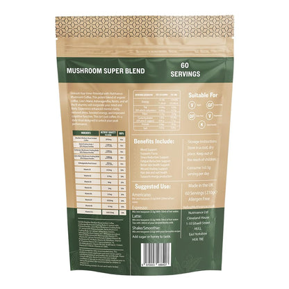 Nutrivance Muushroom Coffee 1200mg of lions Mane Corydceps Reishi Ashwagandha B vitamins Premium Arabica Brazilian Coffee