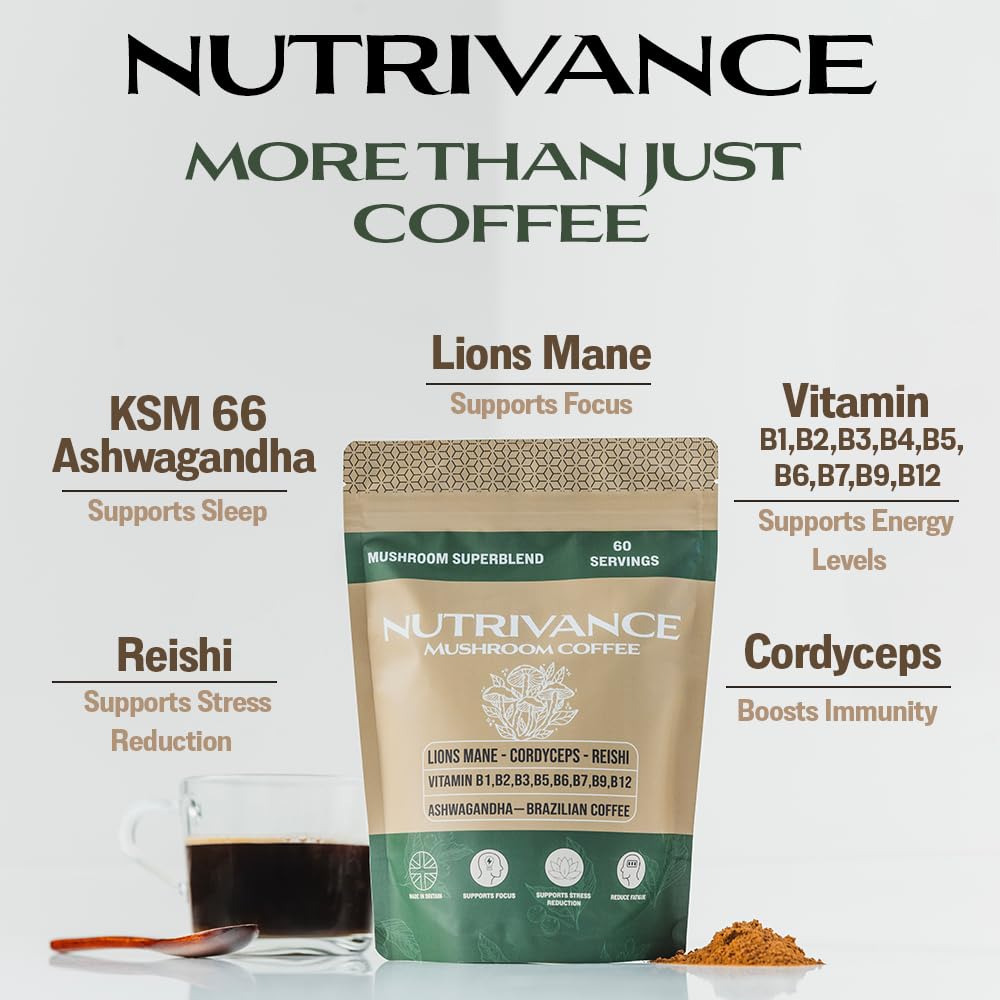 Nutrivance Muushroom Coffee 1200mg of lions Mane Corydceps Reishi Ashwagandha B vitamins Premium Arabica Brazilian Coffee