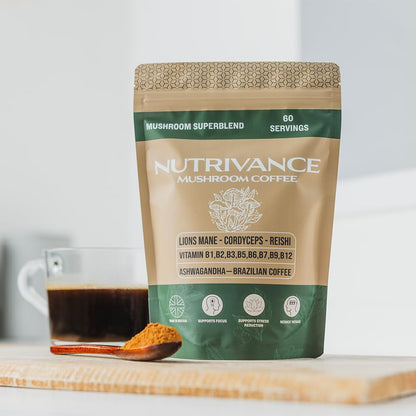 Nutrivance Muushroom Coffee 1200mg of lions Mane Corydceps Reishi Ashwagandha B vitamins Premium Arabica Brazilian Coffee